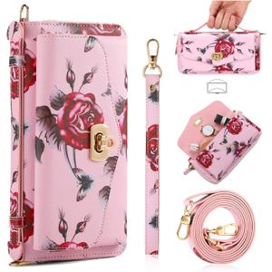 Phone Case for Samsung Galaxy S24 Ultra 5G Zipper Wallet Detachable Cell Cover with Crossbody Shoulder Strap Floral Purse Flip RFID Blocking Card Holder Mirror S24Ultra 24S S 24 24Ultra Women, Pink