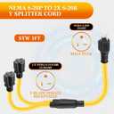 3FT 6-20 Y Splitter Compatible with NEMA 6-20P Male Plug to 2X 6-20/6-15R Female Receptacle, 20 Amp 3 Prong Y Splitter Outlet Extension Cord for EV Dryer, Heavy Duty 10/3 AWG, 250V, 5000W