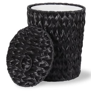 Woven Trash Can with Lid and Liner, 2.6 Gallon Bathroom Garbage Can, Decorative Handwoven Plastic Wicker Waste Basket for Bathroom, Bedroom, Living Room, Office, Home, Black
