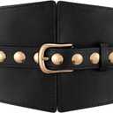 Wide Waist Belt Women Elastic Chunky Stretchy Elegance Belt with Gold Rivets Buckle for Daily Costume (Black)