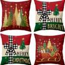 BBOLDIN Farmhouse Christmas Throw Pillow Covers 18x18 Couch Cushion Covers, Rustic Country Xmas Sled Tree Snowflake Decorations for Office Bedroom Sofa, Holiday Red Pillow Cases Winter Decor Set of 4
