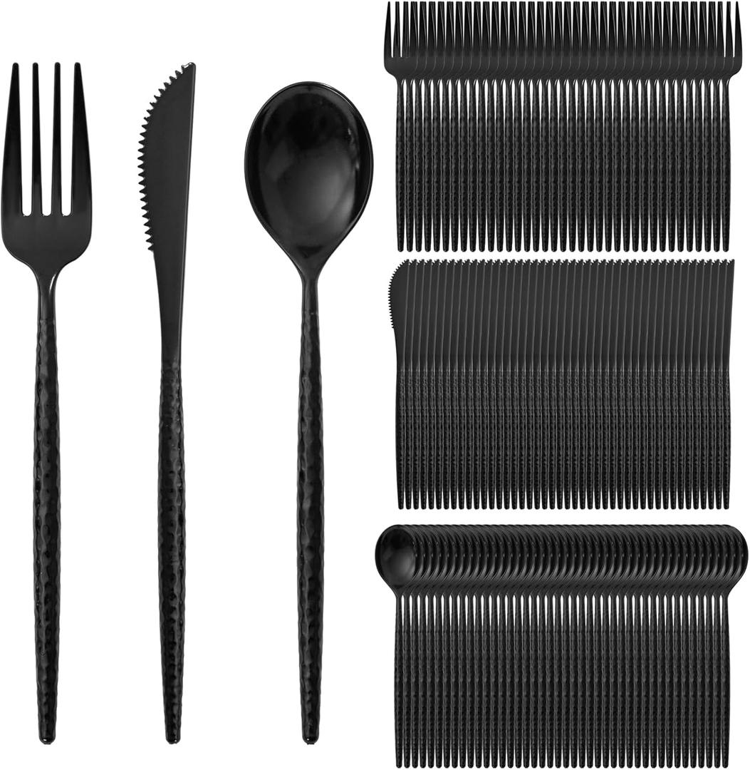 Supernal 360Pcs Black Plastic Silverware Heavy Duty Disposable Cutlery with Hammered Design,Black Utensils Set Include 120 Knives,120 Forks and 120 Spoons Suitable for Party,Anniversary&Halloween