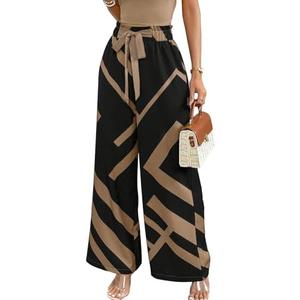 MakeMeChic Women's Belted Paperbag Elastic High Waist Palazzo Pants Printed Casual Wide Leg Pants, XL