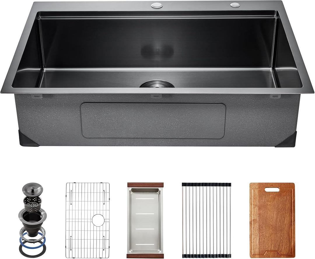 VEVOR Drop In Kitchen Sink 33 Inch Kitchen Sink Workstation, 304 Stainless Steel Top Mount Sinks, Drop-In Single Bowl with Ledge & Multiple Accessories Sink for RV, Prep Kitchen, Bar 33 x 22 x 9inch (Black)