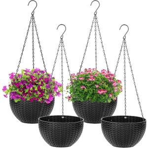 4 Pack Black Hanging Planters, 8.2 inch Hanging Flower Basket Planter Pots, Garden Plant Pot Container, Balcony Patio Hanging Basket Planters with Drainage Hole for Indoor and Outdoor Use