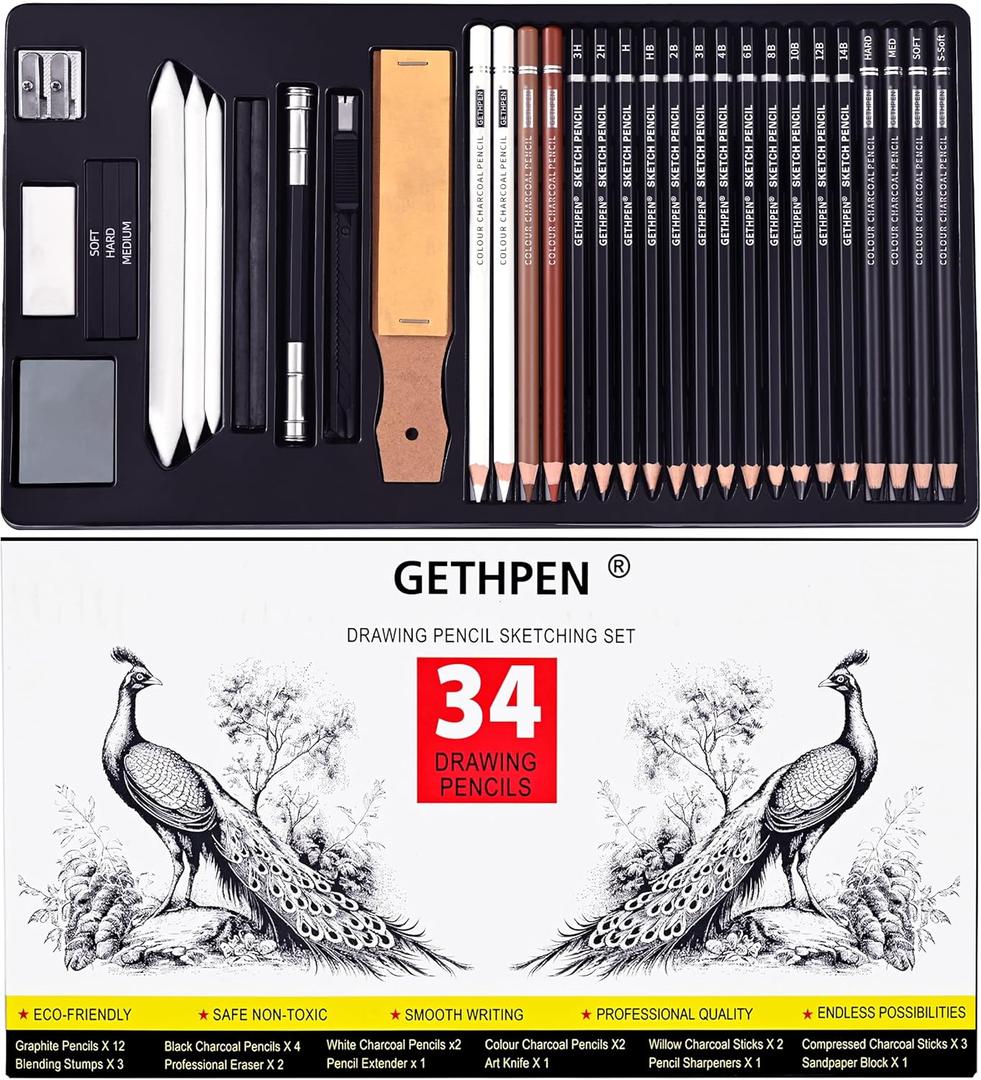 GETHPEN Sketch Pencils for Drawing,34 Pcs,Graphite Pencil (14B-4H), Charcoal Pencil,With Graphite Sticks, Erasers and Sharpener, Art Pencils for Sketching,Artist Set for Beginners and Professionals