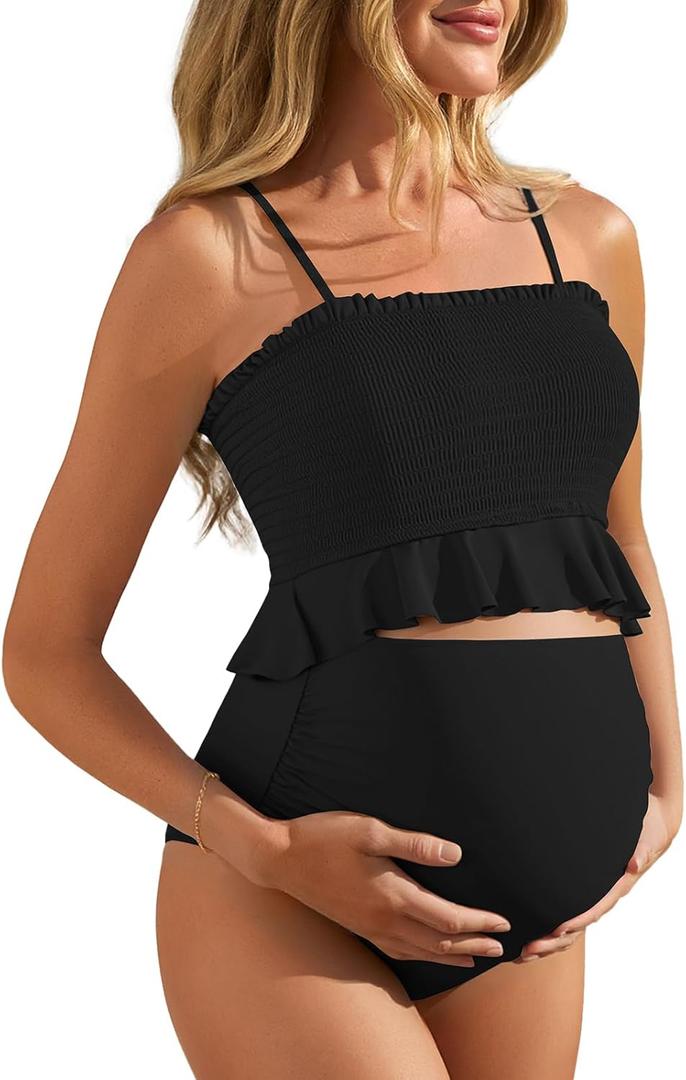 Summer Mae Maternity High Waist Swimsuit Ruffle Hem Bikini Bathing Suit Shirred Bandeau Two Piece Pregnancy Swimwear (Black, XL)
