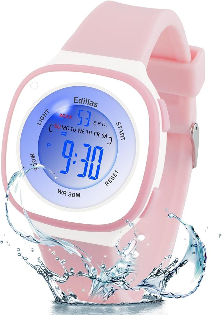 Edillas Kids Digital Watches Girls Boys, 7 Colors Light Waterproof Wrist Watches for Children Sport Outdoor Multifunctional Watches with Stopwatch/Alarm(Pink)
