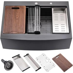 36 Inch Black Drop In Farmhouse Sink Workstation-Hovheir 36x22 Black Stainless Steel Kitchen Sink Drop In Apron Front Farm Sinks 16 Gauge Deep Single Bowl Farmhouse Kitchen Sinks Top Mount