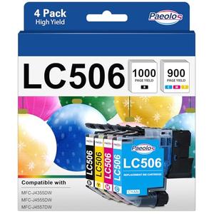 LC506 Ink Cartridges High-Yield Replacement for Brother LC506 Ink Cartridges LC506 XL LC 506 XL 506XL work for Brother MFC-J4355DW MFC-J4555DW MFC-J4557DW Printers (1 Black 1 Cyan 1 Magenta 1 Yellow)