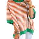 SHEWIN Shirts for Women 2026 Loose Short Sleeve Sweatshirt Cute Womens Summer Tops Dressy Casual Crewneck Color Block Tee Shirt Trendy Spring Outfits White and Orange Stripe XL