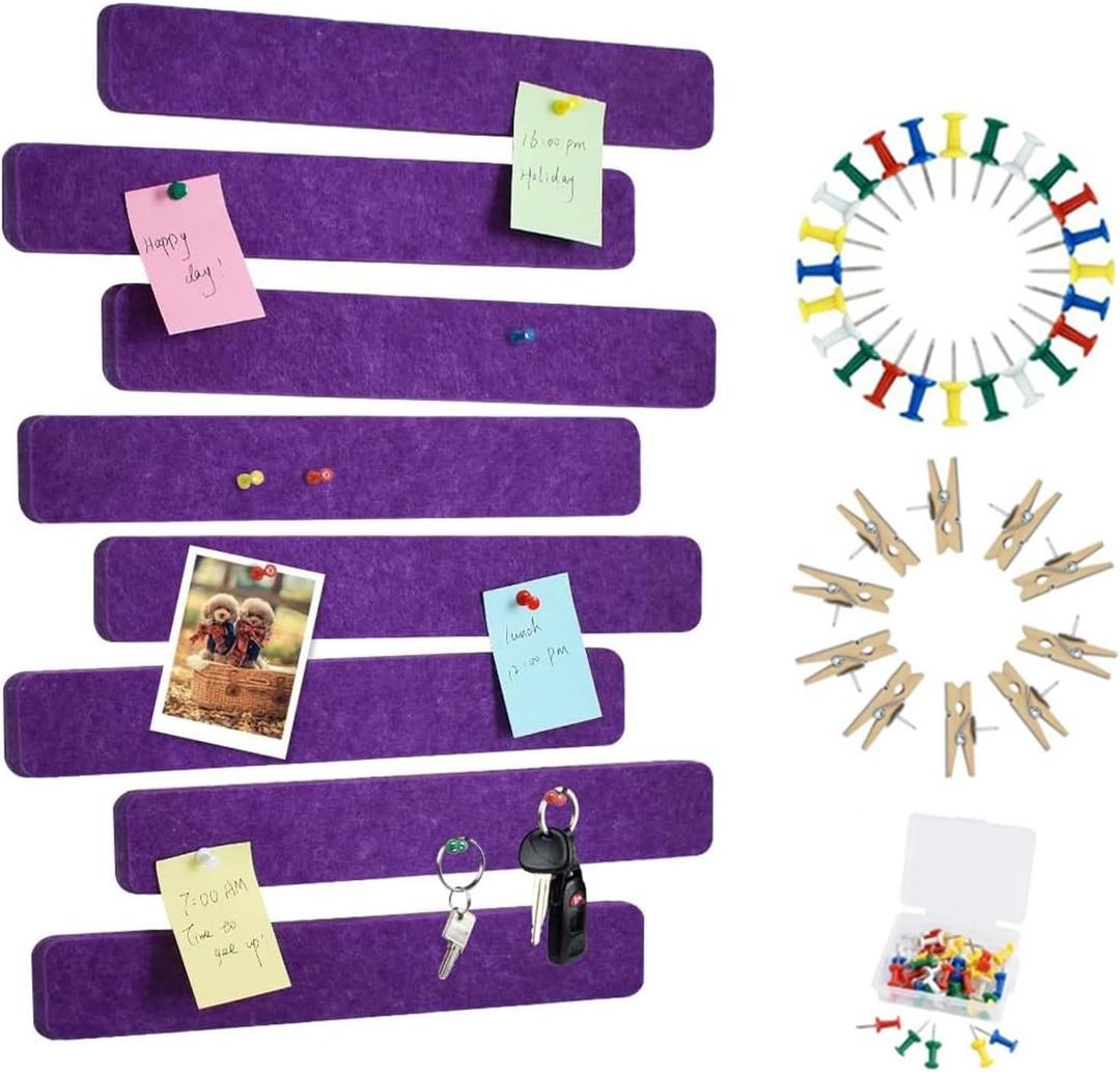 Vuzvuv 8 pcs Bulletin Board Bar Strips with 50 Pushpins & 10 Wooden Clip pinsSelf Adhesive Cork Board for WallFelt Pin Board for SchoolOffice Decor(Purple) (Rectangle)