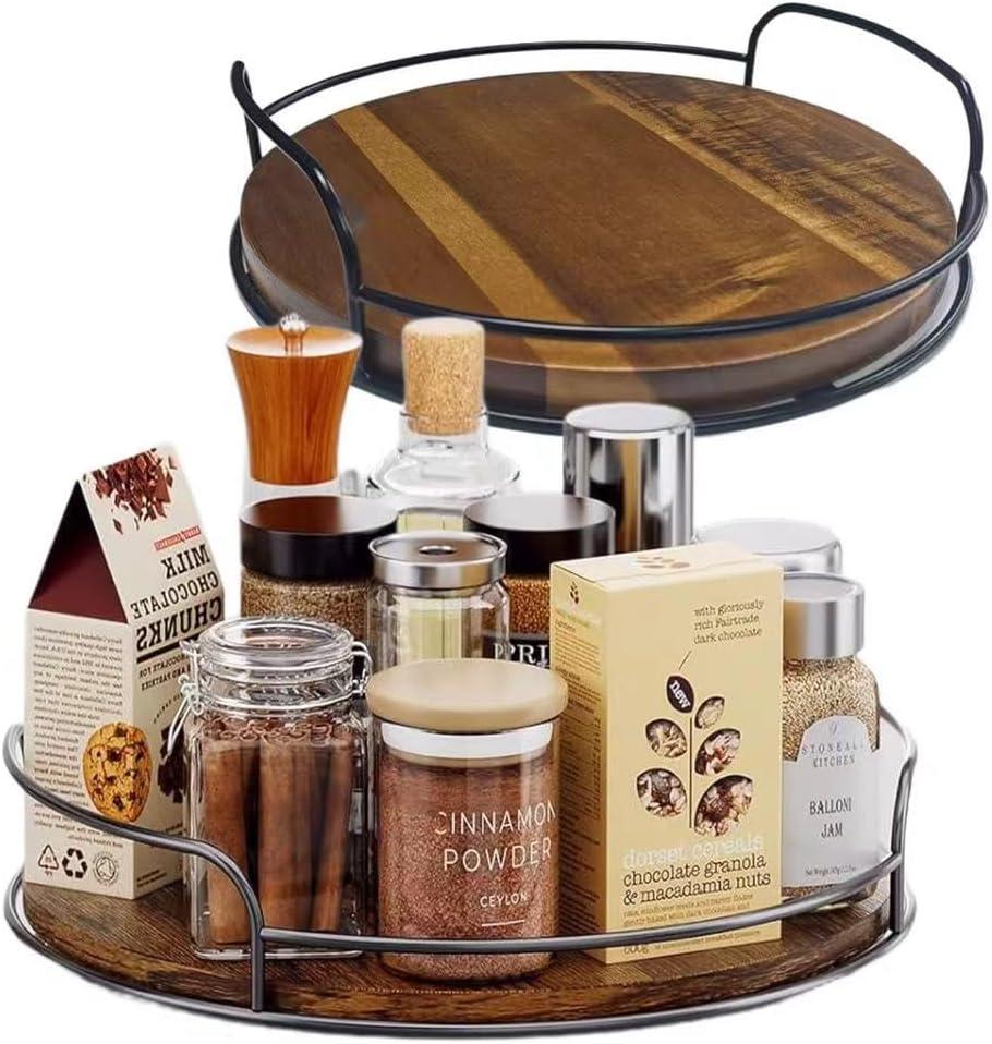 Lazy Susan Organizer 2 Pack for Table Top, 10'' and 9'' Wooden Lazy Susan Turntable Organizer for Cabinet Pantry Kitchen Countertop Organizer Spice Organization