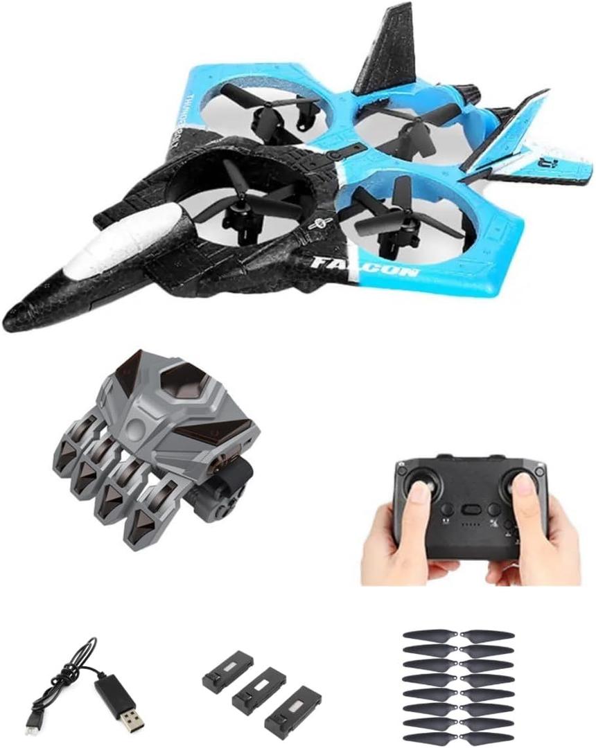 Combat Drone Specifications and Features: Dual Remote Control- Color Options: Blue, Control Range: 60-80 meters Battery Specifications: 3.7V 500MAH Charging Time: 120 minutes Flight Time: 10 minutes Key Features: 1. Enhanced flight capabilities via headless mode, hovering, and 360 stunt roll 2. Integrated high-definition camera for real-time photo and video capture 3. Mobile app connectivity for seamless file transfer and drone control, traditional remote control and glove remote control