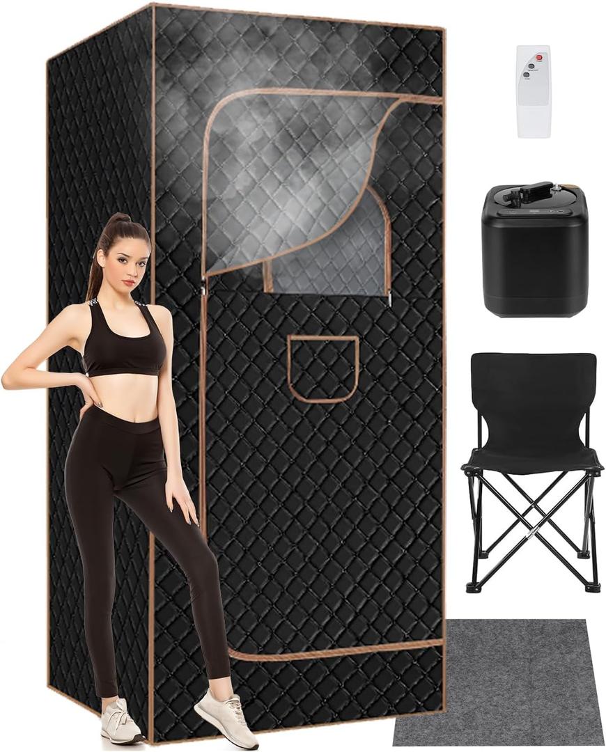 Portable Steam Sauna for Home: Full Body Sauna Box with 3L 1000W Steamer, 9Levels, Remote Control, Folding Chair, Saunas Tent for Gym, Pilates, Spa, Indoor, Outdoor, 36" x 36" x 71", Black & Brown