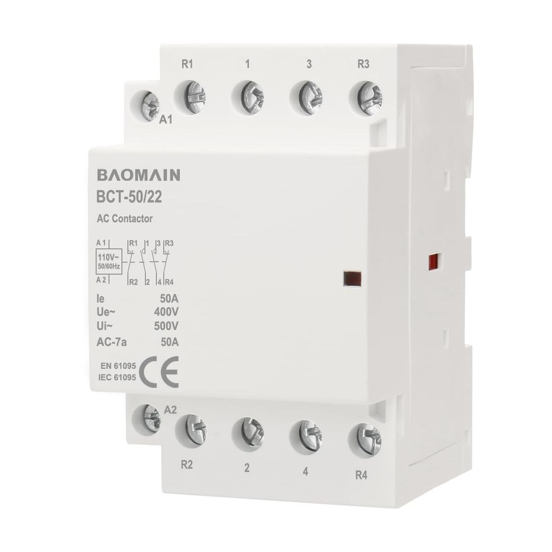 BAOMAIN 110V AC 4-Pole 50A Modular Contactor, 2NO2NC, DIN Rail Mount | BCT-50 4P 50Amp 2 Normally Open and 2 Normally Closed AC110V Contactor For HVAC,Motor,Pump,and Lighting Control