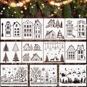 11 Pcs Christmas Stencils for Painting Xmas Windows Stencil for Crafts Reusable Large Winter Holiday Template with Metal Open Ring for DIY Wood Glass Wall Home Decor(Rustic Style)
