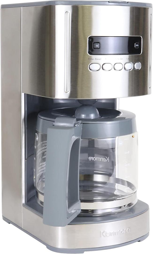 Kenmore Drip Coffee Maker - 12 Cup Programmable Cafe Machine With Glass Pot, Regular & Bold Brew, Auto Shut Off Large Water Reservoir, Reusable Filter, Kitchen Appliances For Cafeteria Barista (Silver)