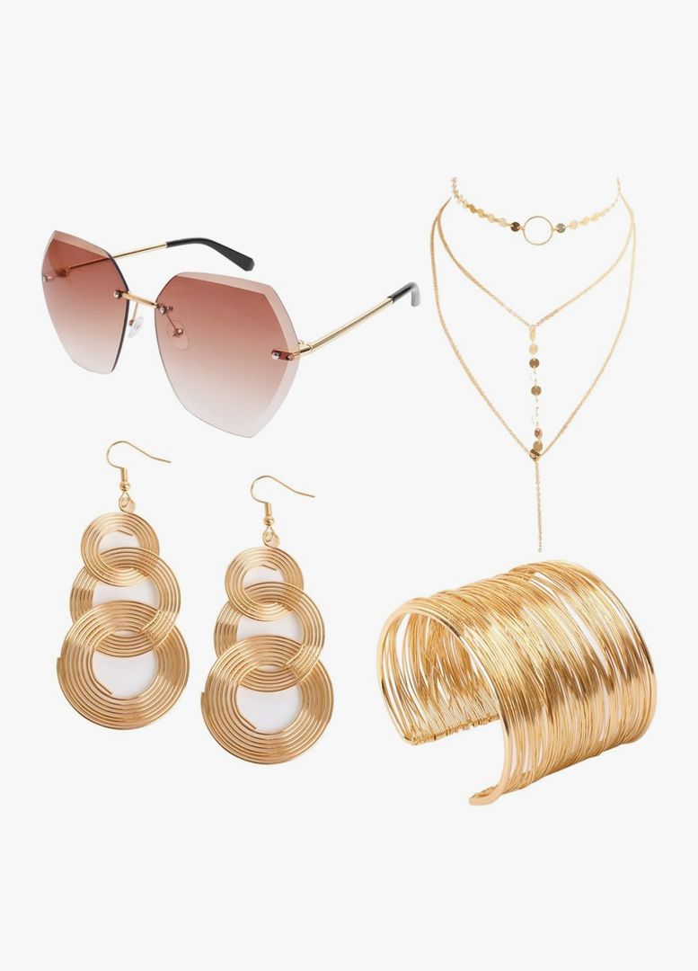 Fumwase 4 Piece 70s Disco Accessories for Party Halloween Cosplay 70s Disco Costume Accessory Set for Women with Luxuriant Coil Bracelet Disco Sunglasses Triple-Layered Choker and Gold Disco Earrings