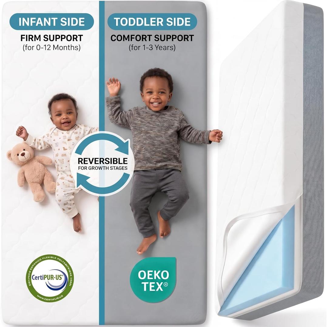 Dual Sided Baby Crib Mattress, 5 Inch Thick Soft & Firm Memory Foam Breathable Toddler Mattress, 4 in1 Standard Baby Bed Mattresses with Removable Washable Cover 52x27.6x5 - Gray