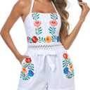 Rompers for Women Summer Boho Embroidered Floral Sleeveless Halter Flowy Casual Tank Top Short Jumpsuit, Size: L