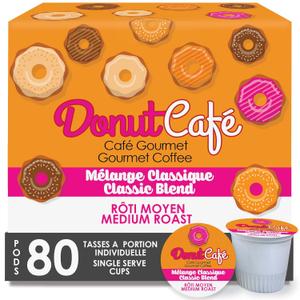 Donut Caf - Coffee Gourmet Pods, Classic Blend, Medium Roast  Non-GMO, Gluten Free  Compatible with Keurig K Cup Brewers  Smooth & Delicious  80 Count