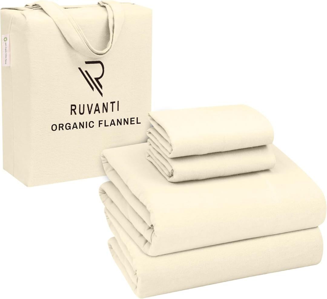 RUVANTI Flannel Sheets Queen Size  GOTS Certified 100% Organic Cotton, 4 Piece Warm, Soft & Breathable Set, Deep Pocket Snug Fit, Double Brushed Cozy All Season Bedding, Pure White