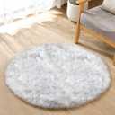 Grey and White Plush Machine Washable Area Rugs for Bedroom Small Circle Furry Faux Sheepskin Fur Rug for Living Room Nursery Round Rug 3ft