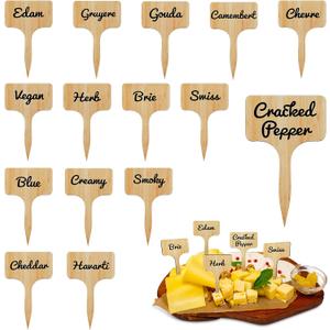 Queekay 15 Pcs Wooden Cheese Markers Set for Charcuterie Board Reusable Labels Marker Signs T Type Identification Name Food Tag for Buffet Christmas Wedding Birthday Cocktail Party Gift, 2.4 x 4 Inch
