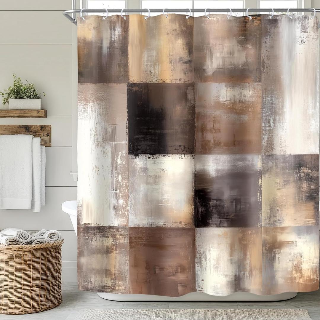 KOMLLEX Brown Shower Curtain for Bathroom 60Wx72H Inches, Rust Rustic Vintage Farmhouse Grey Abstract Shower Curtain Set, Modern Plaid Geometric Aesthetic Bathroom Decor Waterproof Polyester 12 Hooks