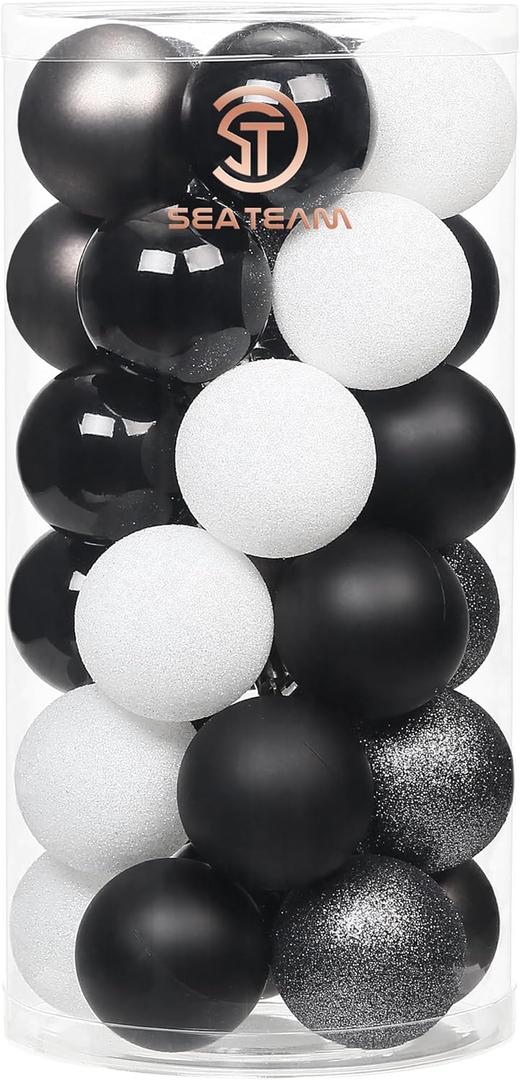 Sea Team 60mm/2.36" Set of Colorful Painted Sparkling Ornaments and Hanging Balls for Christmas Tree - 30pcs (Black / White)