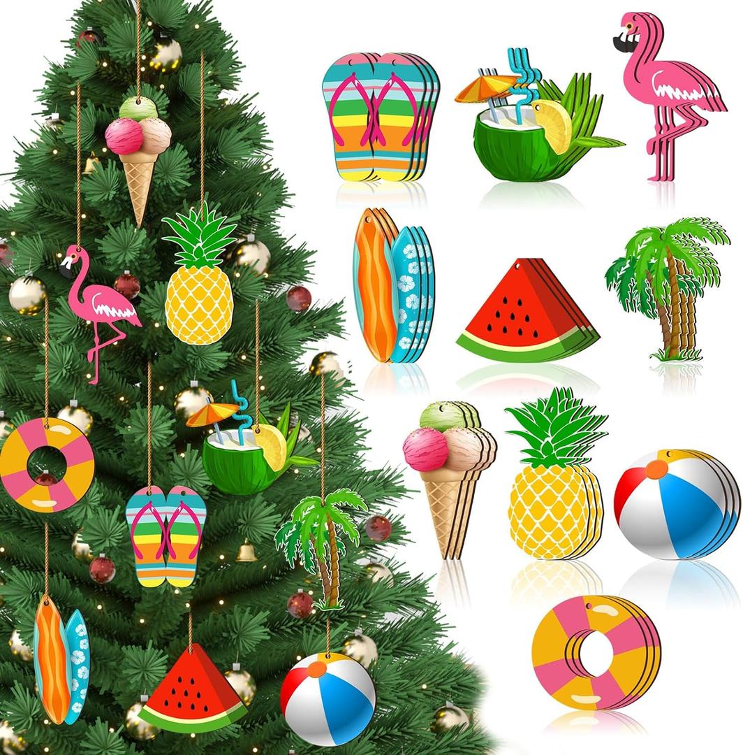 Chunful 30 Pieces Summer Tree Ornaments Christmas in July Wood Hanging Decoration Beach Wooden Slices Winter Tree Ornaments with String for Luau Hawaiian Party Supplies (Cute Style)