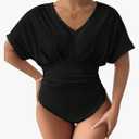 SOLY HUX Women's Plus Size V Neck Tummy Control Bodysuit Short Sleeve Ruched Leopard Tops XXL