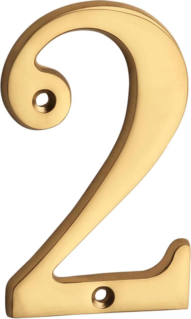 HASWARE House Number Sign 4 inch (10 cm) Polished Brass Finish Stylish Curvy Modern Door Numbers Signage Plaque Street Home Address Numerals(2, Brass)