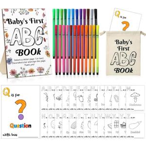 Geelin 51 Pcs Fun Baby Shower Game Kit Baby Shower Activities Favors Decorations First Abc Book Sign 26 Alphabet a to Z Coloring Card with 24 Watercolor Pen Storage Bag for Party(Wildflowers)