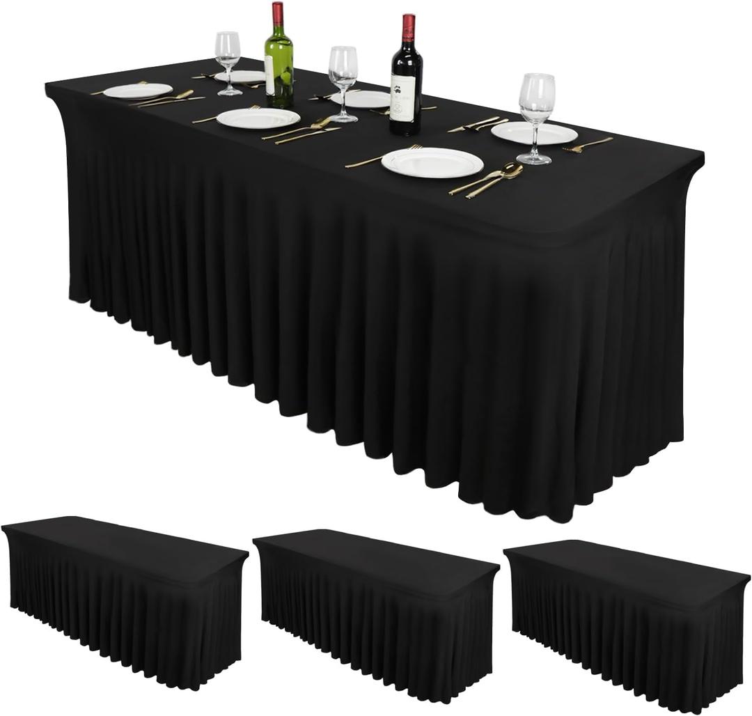 CoFashion 6ft Rectangle Black Spandex Table Skirts & Covers, 3 Packs, Polyester/Spandex, Wrinkle Resistant, Stretchable, Fitted Tablecloth for Banquet, Restaurants, Tradeshows