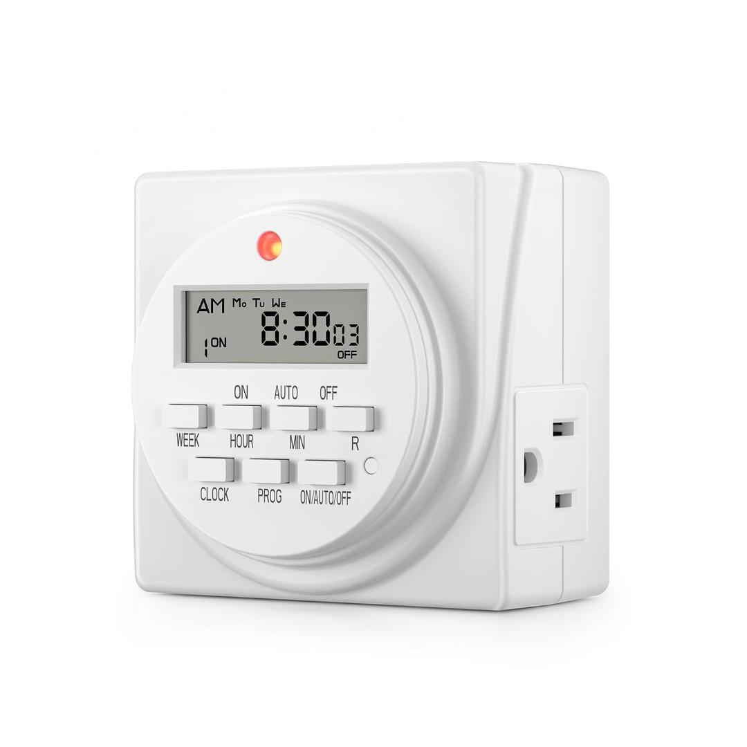 BN-LINK Indoor Digital Timer Outlet, Dual Outlet 7 Day Programmable Light Switch, 3 Prong Plug in Timers for Electrical Outlets, Lamps, Fans, 8 On/Off Programs, 1 Pack, 15A/1875W, ETL Listed