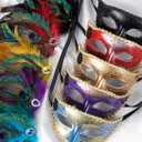 Halloween Masquerade Masks for Women - 2025 Peacock Feather Mask for Men Couples, 1920s Venetian Eyemask for Party (Gold and Purple)