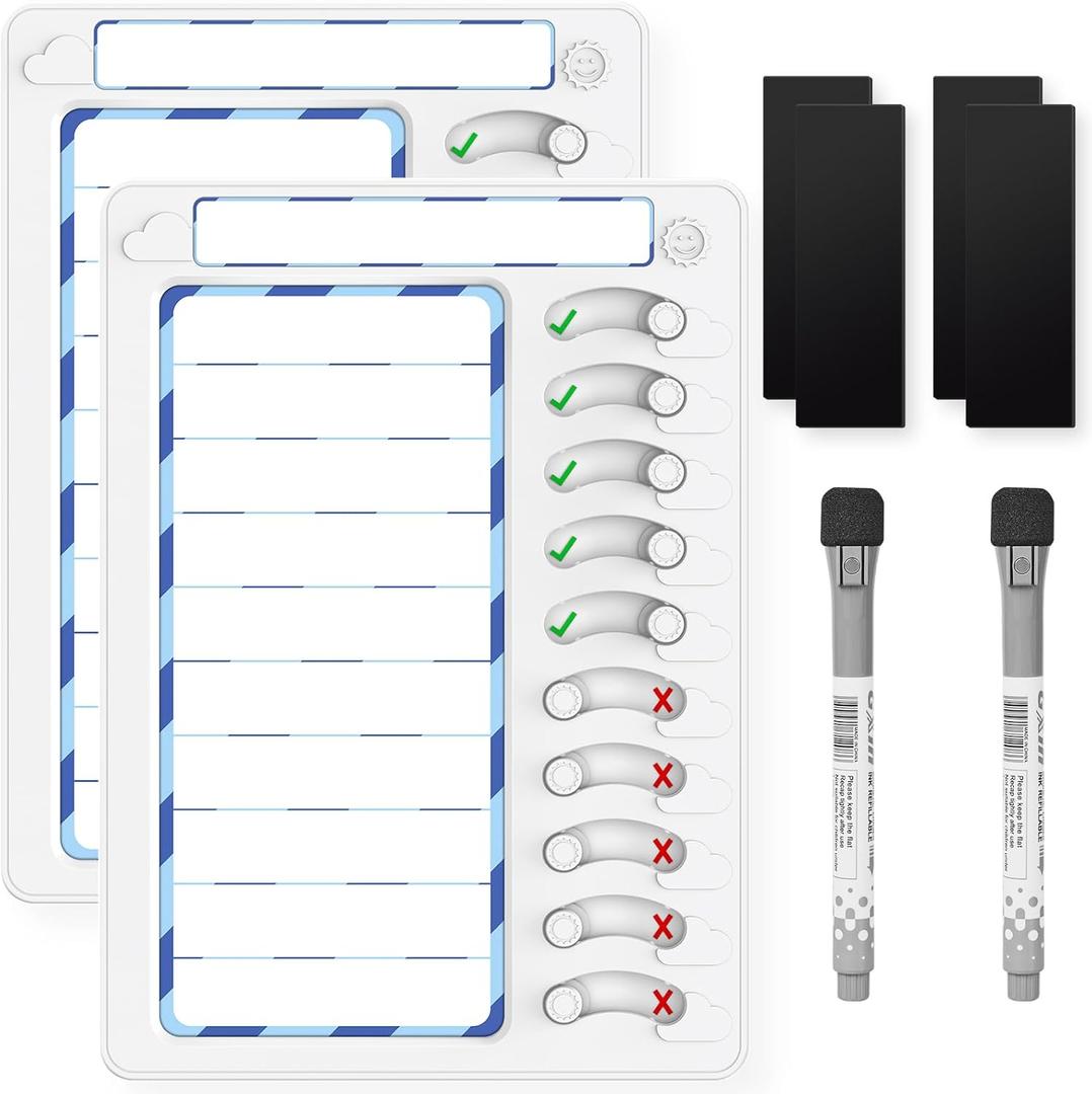 Chore Chart for Kids Dry Erase Chore Board ADHD Tools for Kids to Do List Checklist Task Board Routine Chart Planning Board for Fridge with 10 Sliders and Magnetic Marker, White and Blue, 2 Pack