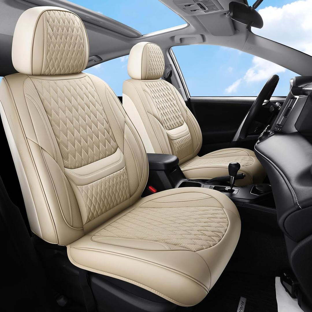 Leather Car Seat Covers, Car Seat Covers Full Set, Automotive Seat Covers 5 Seats, Fit for Most Cars SUVs and Most Sedans, Hatchbacks, Crossovers, Breathable, Waterproof, Full Wrapping Edge Seat Covers, Beige