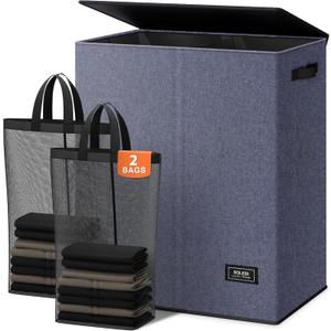 SOLEDI Large Double Laundry Hamper with Lid, Collapsible Clothes Hamper 2 section with Removable Bags, Space-Saving Laundry Basket for Bedroom, Dorm, College (145L, Navy blue)