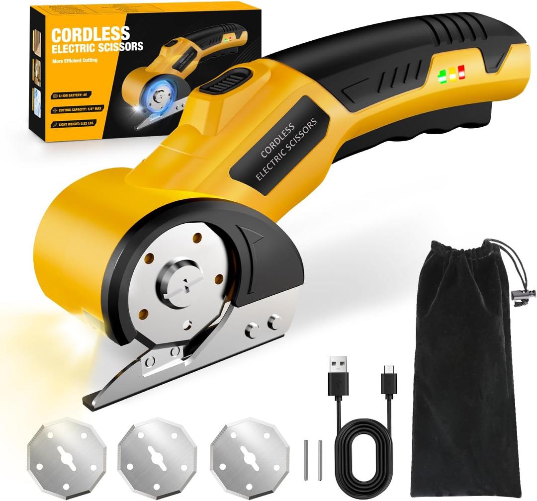 Cordless Electric Scissors: 4V Rechargeable Cardboard Cutter, 3 Blades, Safety Lock & LED Light, Box Cutter for Carton Carpet Plastic Fabric Leather (Yellow)