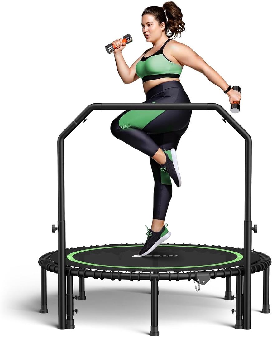 550 LBS Foldable Mini Trampoline, 48" Adult Fitness Trampoline with Bungees, U Shape Adjustable Foam Handle, Stable & Quiet Exercise Rebounder,Indoor/Outdoor Workout (48IN, 48-GREEN)