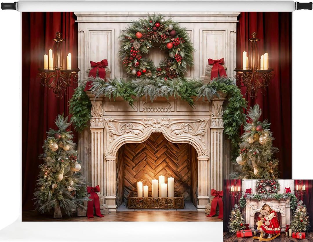 Kate Christmas Fireplace Backdrop Red Curtain Holiday Christmas Wreath Photo Backdrop for Family Professional Photography Studio Props, 7x5ft