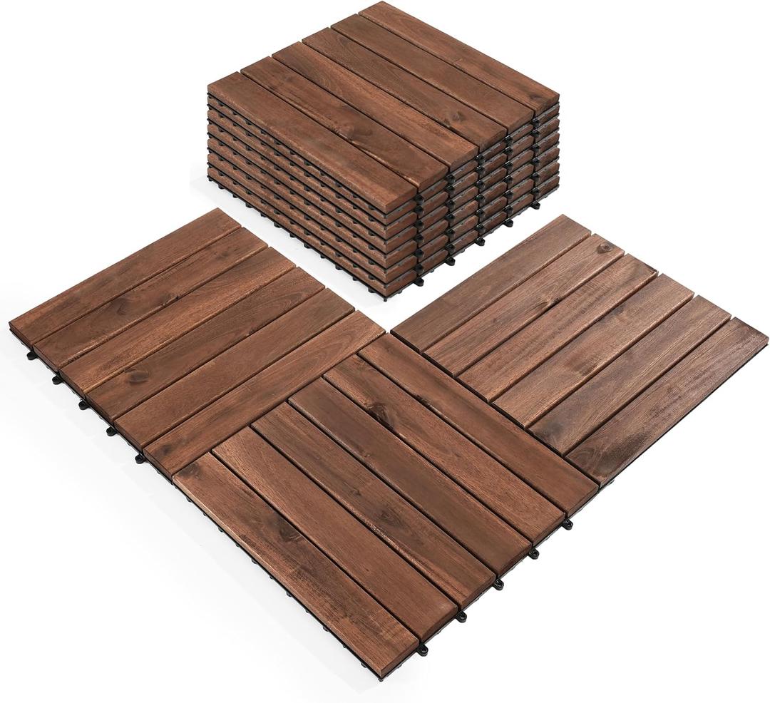 Pack of 10 Deck Tiles - 12"x12" Interlocking Natural Solid Acacia Wood for Outdoor & Indoor, Patio Garden, Balcony, Poolside - Brown Color