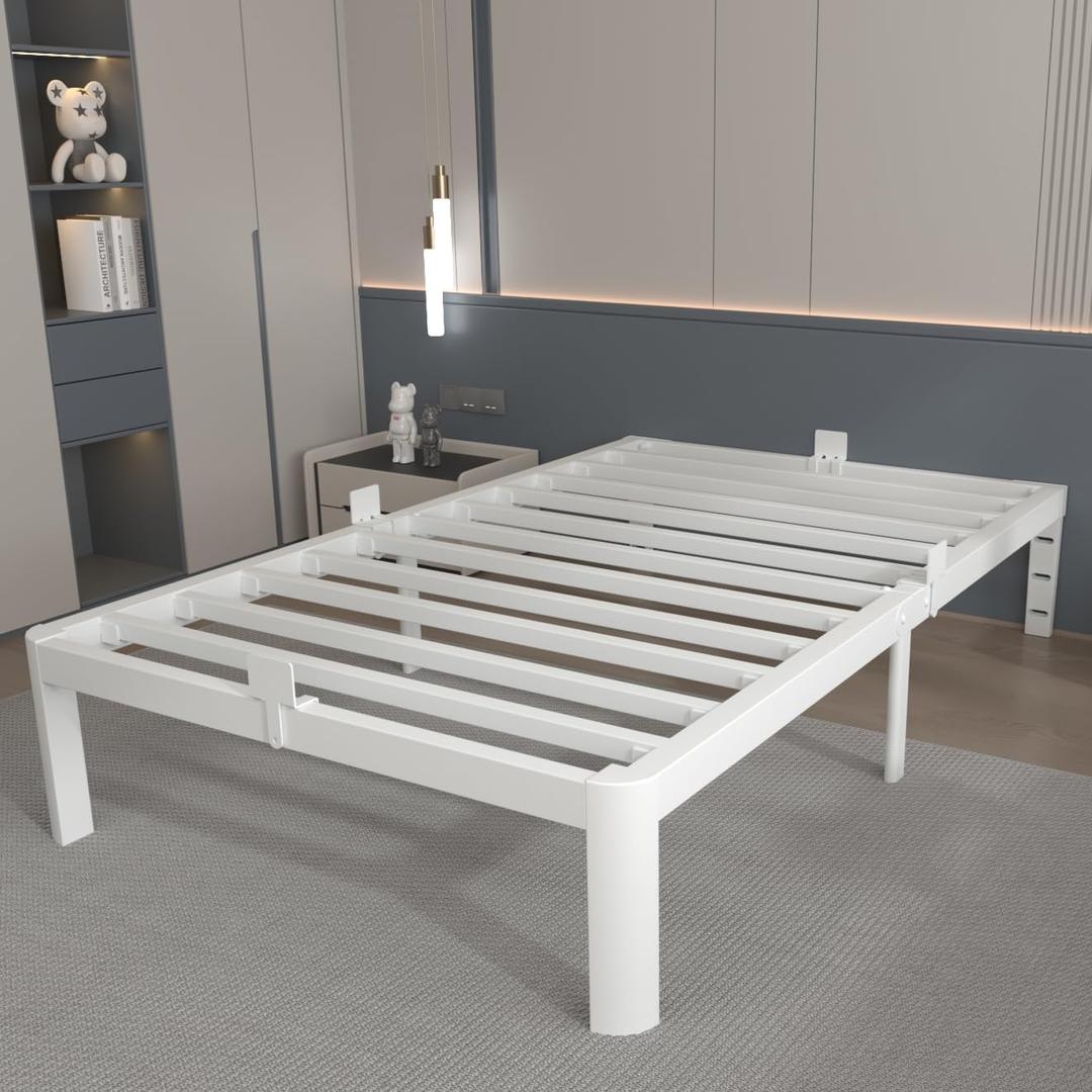 White 12 Inch Twin Bed Frames with Gaskets, Metal Twin Size Bed Frame No Box Spring Need, Heavy Duty Steel Platform Support, Round Corner Design, Reserved Holes, Storage Space, Noiseless