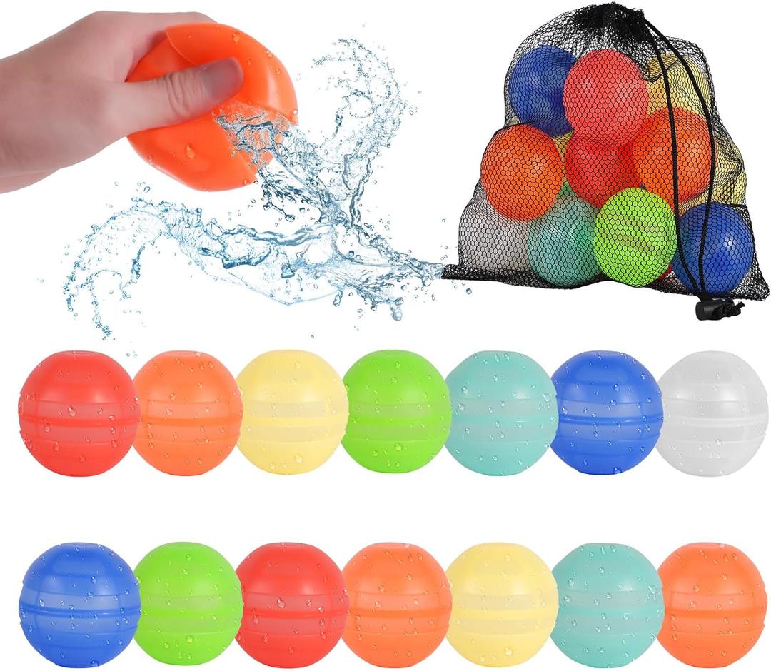 14PCS Reusable Water Balloons for Kids  Upgrade Quick Fill Refillable Water Balloon with Mesh Bag, Silicone Summer Pool Water Toys for Boys & Girls Ages 3-12, Outdoor Beach Party Game Supplies
