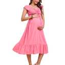 KOJOOIN Womens Maternity Short Sleeve Sweetheart Neck Summer Casual Smocked Boho Drawstring Maxi Dress Photoshoot Baby Shower Pink L (Pink, L)