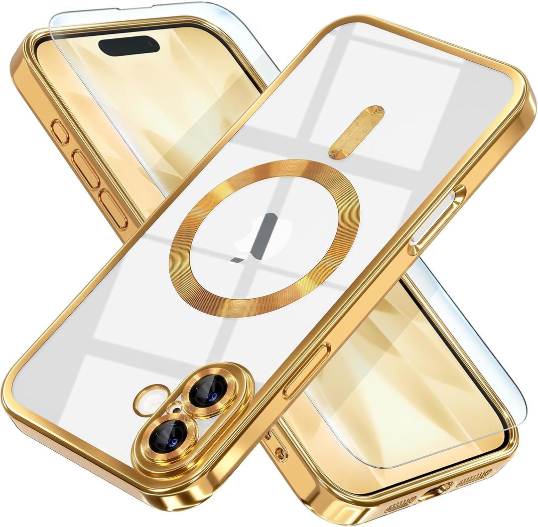Misea Magnetic for iPhone 17 Case Compatible with MagSafe [Never Yellowing] [Military Grade Drop Protection] Full Camera Lens Protector Plating Soft Clear Phone Case for Women, Gold