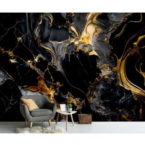 PYFFYP- Abstract Black and Gold Marble Wallpaper murals for Bathroom(Not Peel and Stick)